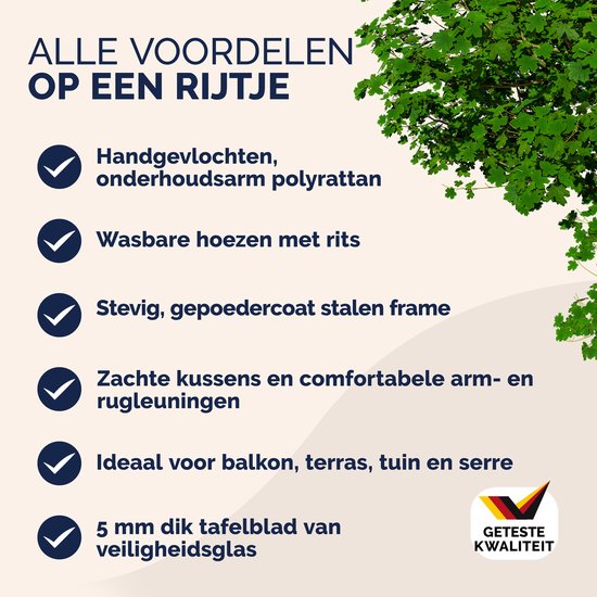 Overzicht van voordelen van taupe polyrattan tuinset: handgevlochten, wasbare hoezen, stevig frame, glasplaat.