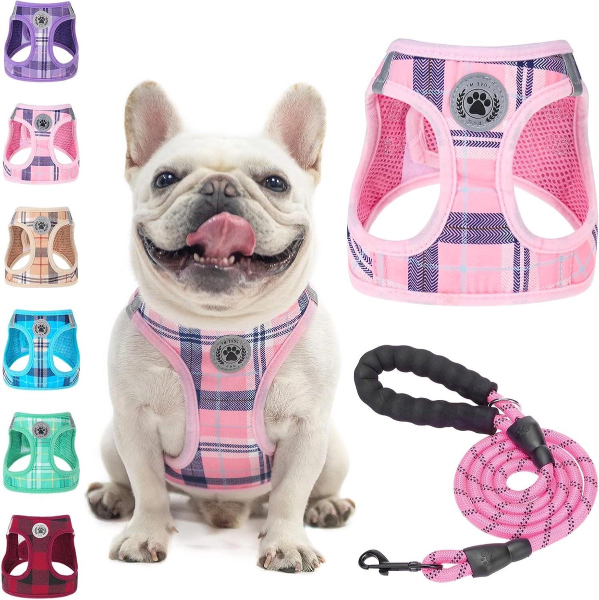 Hondentuig met riem - Hondenvest puppy - Veilig uitlaten - Ontsnappingsbestendig ontwerp - Borstomvang 40-46 cm - Roze geruit