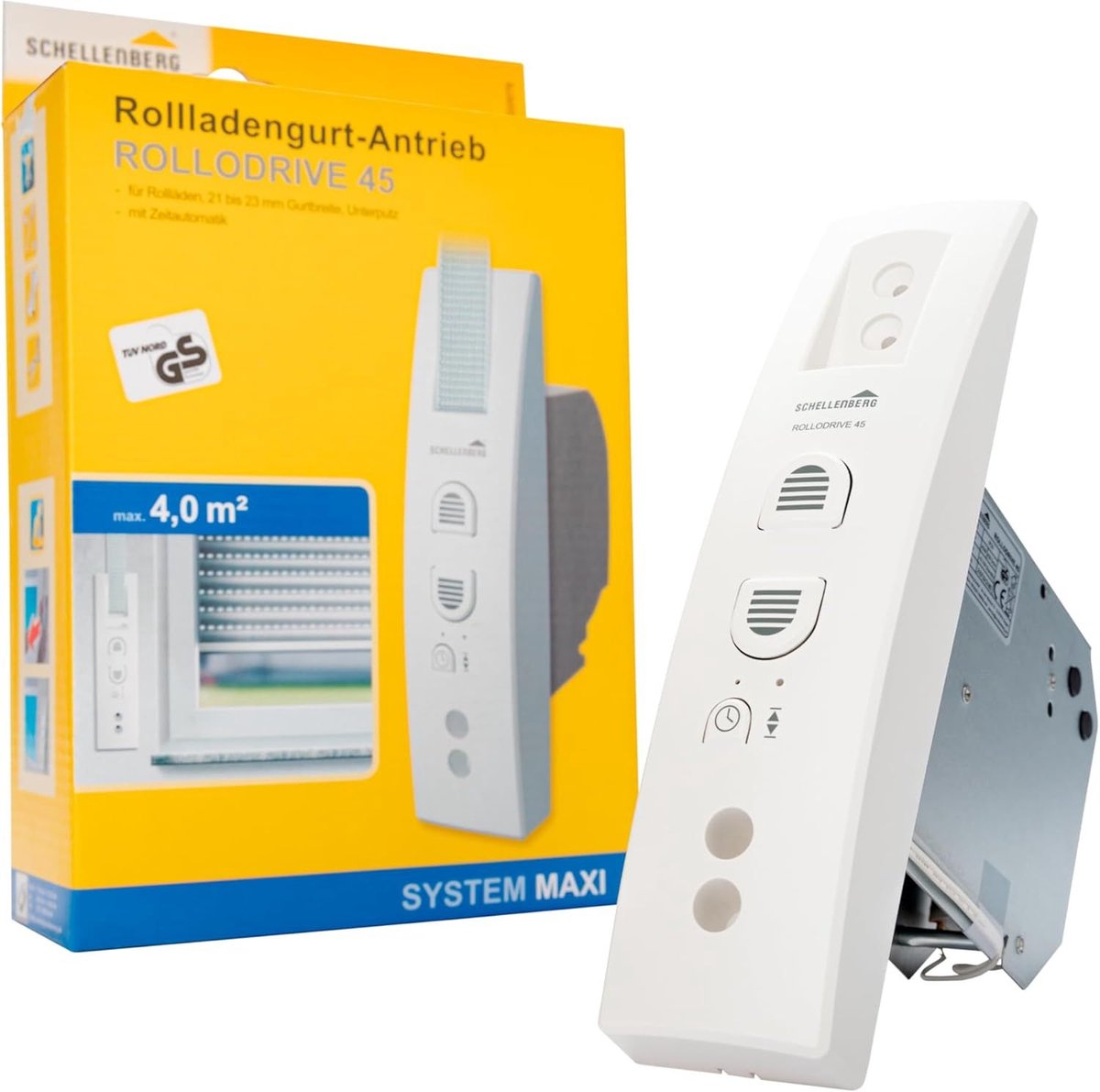 Schellenberg 22745 elektrische rolluikopwinder met band, inbouwmodel RolloDrive 45, voor rolluiken tot 4 m², bandbreedte 23 mm, met timer en voeding.