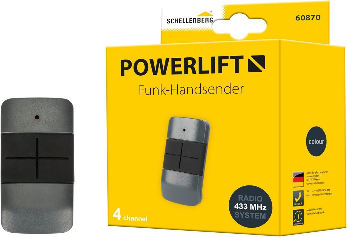 Schellenberg Powerlift 4-kanaals radiografische afstandsbediening voor garage- en poortopeners, radiofrequentie 433,92 MHz, bereik 40 m in open veld, incl. batterij, 60870