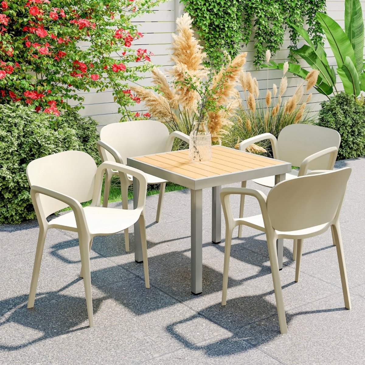 MODENUIT Tuinstoelen – Stapelbaar – Set van 4 – Met Armleuningen en Rugleuning – Voor Balkon en Tuin – Kunststof Wit