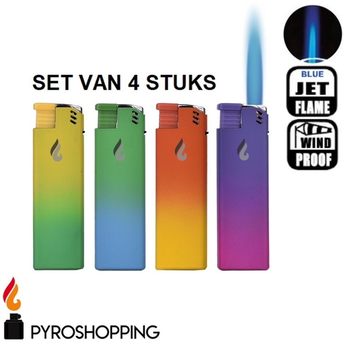 Pyroshopping Festival Lighters – Set van 4 stuks – Navulbare stormaanstekers in NEON kleuren – Festival Aansteker Set – Hervulbaar -Windproof gasaanstekers