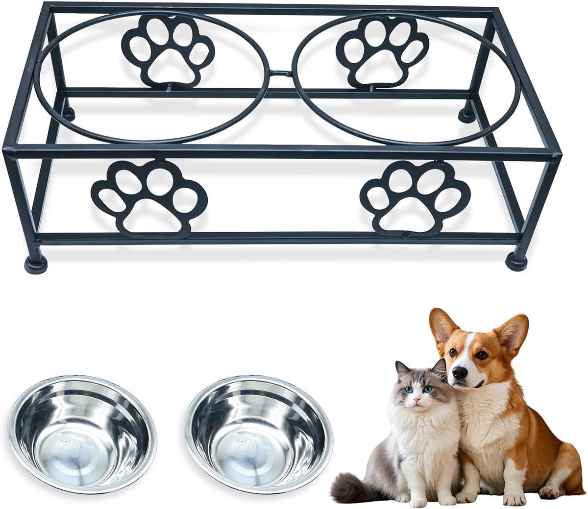 Verhoogde hondenbakken - Voerbak standaard - Comfortabel eten - Dubbele roestvrijstalen kommen - 34 x 173 x 105 cm - Zwart
