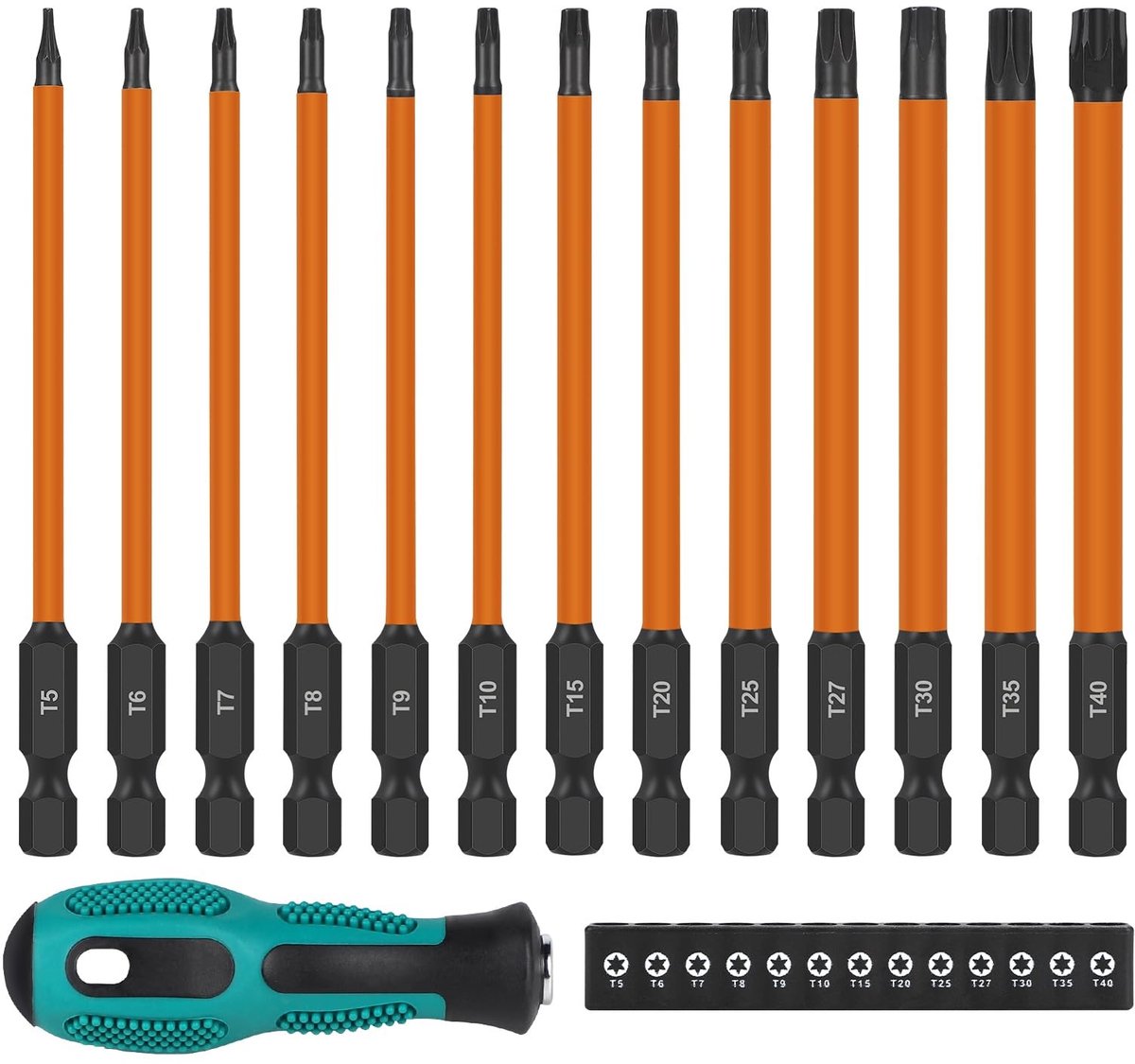 aladdien - Torx lange schroevendraaierbitset - 13 stuks - Magnetisch - Oranje - S2-staal - Voor montage en demontage - 150 mm