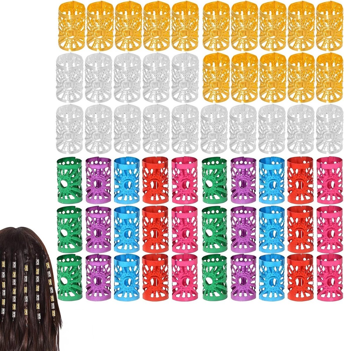 50 Stuks Dreadlock Accessoires - Verstelbare Aluminium Dreadlocks met Kralen en Kleurrijke Vlechten voor een Unieke Look
