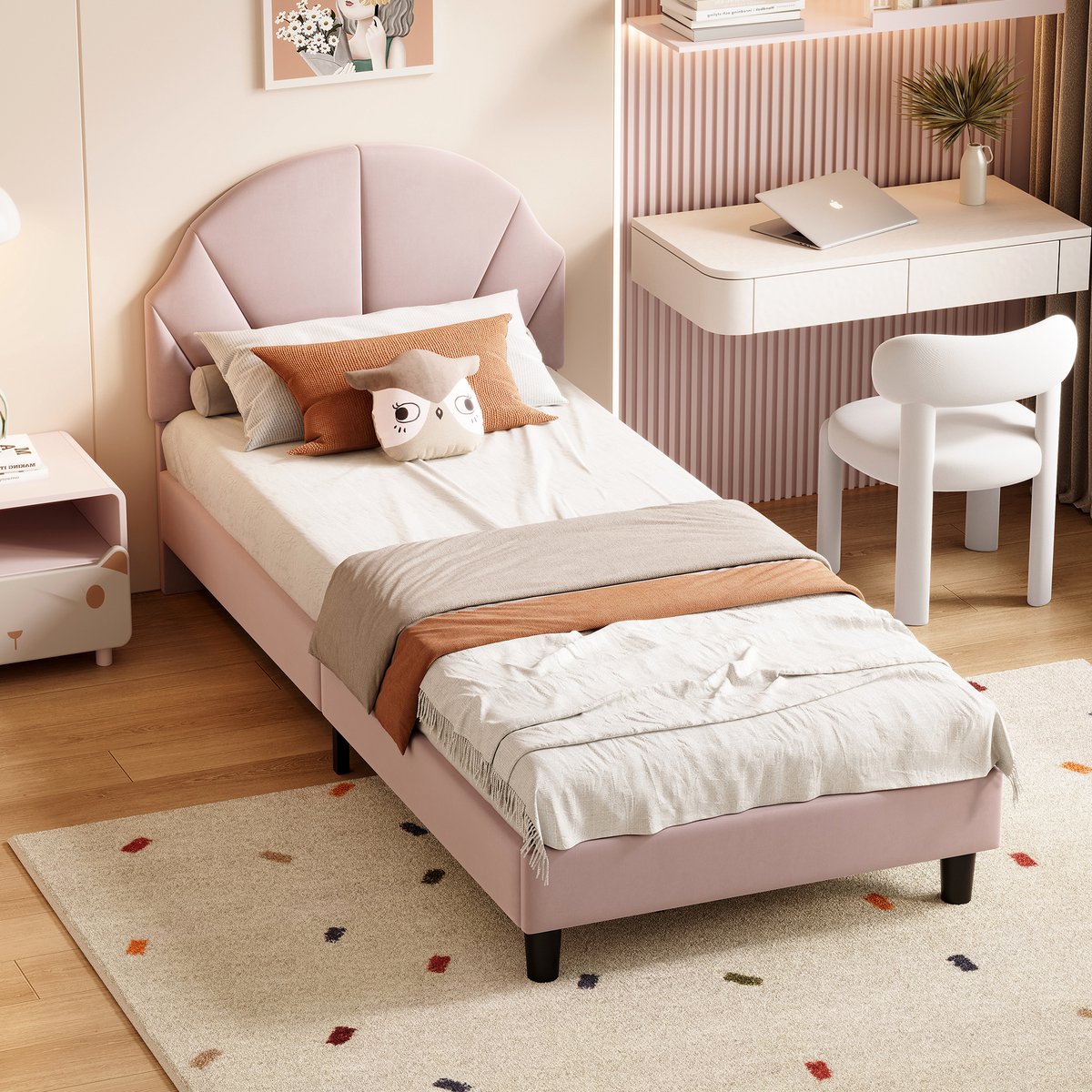 ROSAHQNDA Kinderbed 90x200cm - verstelbaar hoofdeinde, modern en stijlvol, eenvoudig te monteren, voor jongens en meisjes, fluweel, roze
