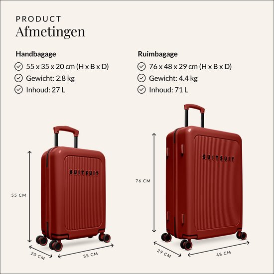 Afmetingen van rode handbagage (55 cm) en ruimbagage (76 cm) met details.