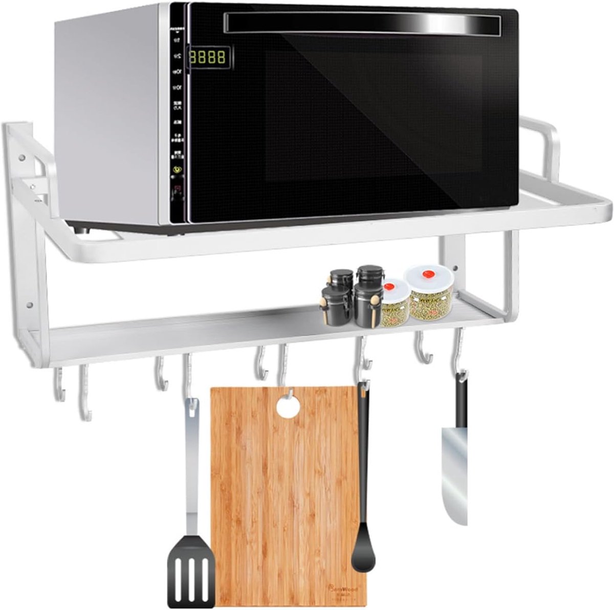 Dubbele Laag Magnetron Plank Wandgemonteerd - Ruimte Aluminium Keukenopslag Organizer - Magnetron Wand Plank Keukenaccessoires Rek - 3in1 Magnetron Oven Rek Stand met 10 Haak voor Pan Pot Mes Lepel