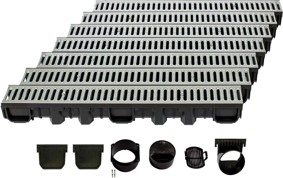 Afwateringsgoot set - Drainagekanaal regenwater - Efficiënte waterafvoer - Modulair plug-in systeem - 7 meter lengte - Gegalvaniseerd staal