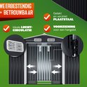Detailopname van de berging met ventilatieroosters en sluiting voor hangslot. Gemaakt van gelakt en verzinkt plaatstaal.