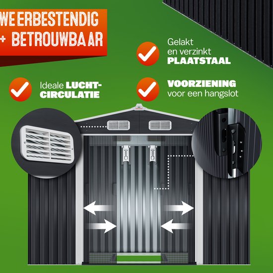 Detailopname van de berging met ventilatieroosters en sluiting voor hangslot. Gemaakt van gelakt en verzinkt plaatstaal.