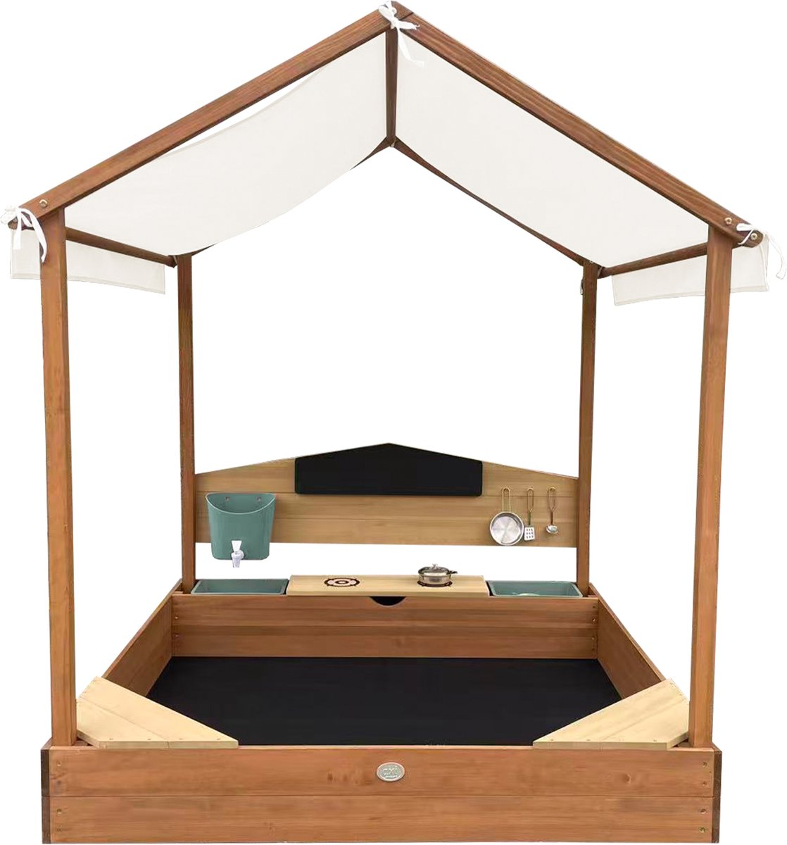 AXI Meli Zandbak & Speelhuisje 120 x 120 cm met Speelkeuken – Bruin - Met Dak – FSC hout – Met Krijtbord, Watertank en 6-delig Speelgoed Kookset – Met 2 Bankjes - Inclusief gronddoek – 10 jaar garantie — afbeelding 2