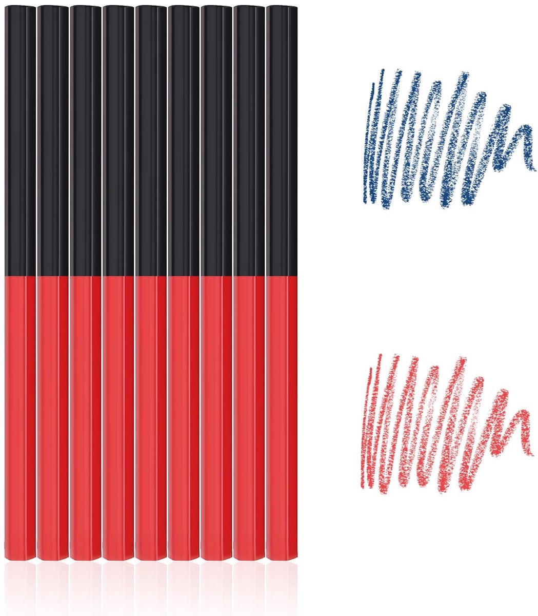 Dailygoods- Timmerpotloden 9 stuks - Houtbewerking - Markeerpen - Rood/Blauw - 6,9 inch - Grenenhout - Dikke kern - Markeerstift