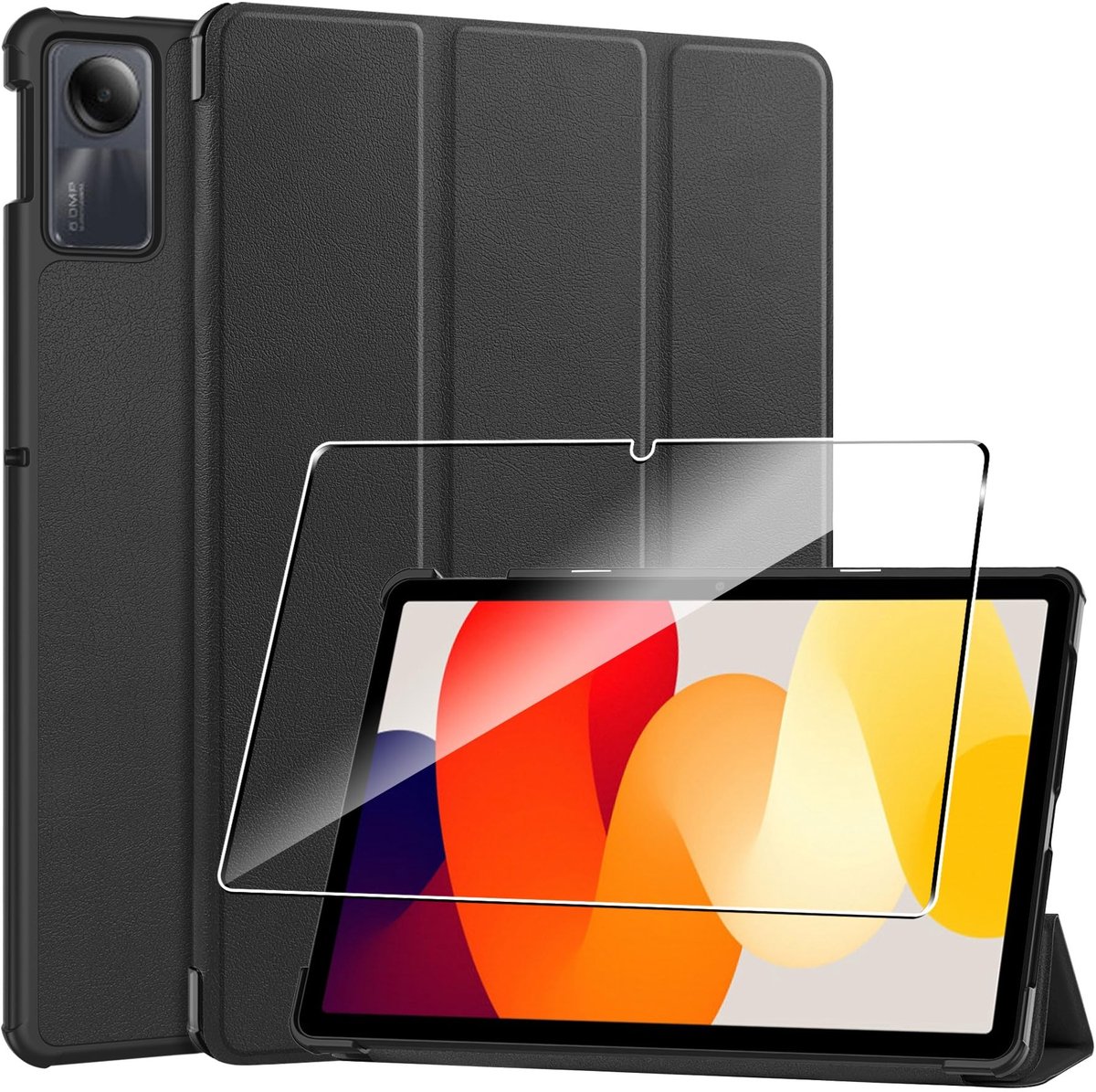 Dailygoods - Hoes voor Redmi Pad SE - Tabletcase - Drievoudige vouwhoes - Zwart - Beschermende folie - Ultraslank - Geschikt voor tablet