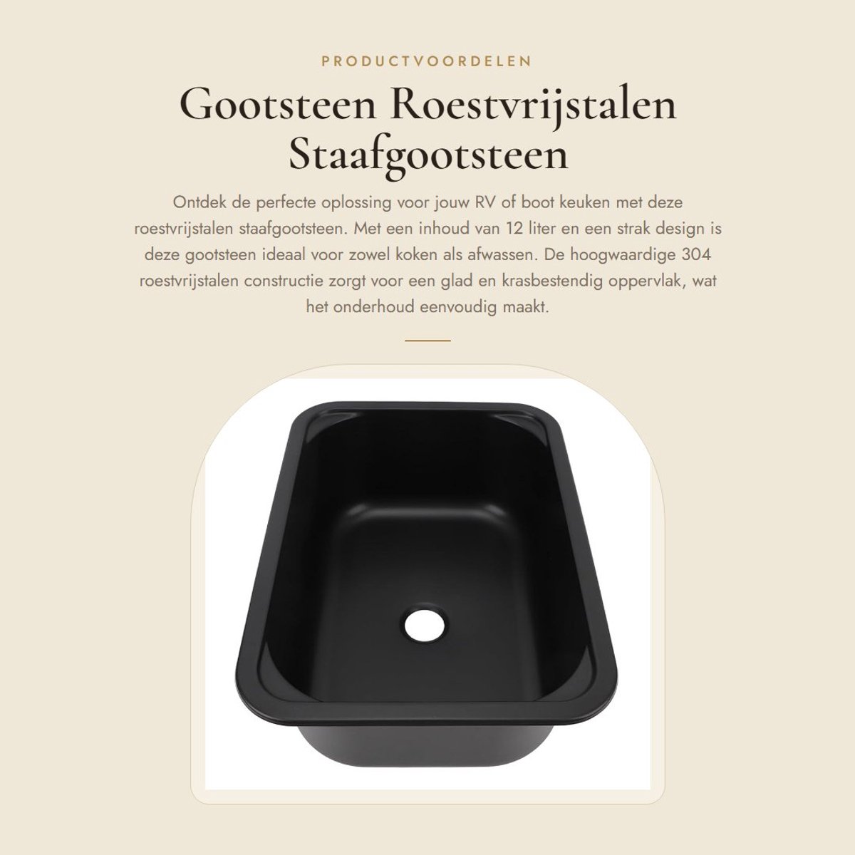 Dailygoods- Spoelbak Roestvrij Staal - Enkele Bak 12 Liter - Ingebouwde Installatie - Gootsteen voor RV Keuken - Krasbestendig - Eenvoudig Schoon te Maken - Keukenwasbak
