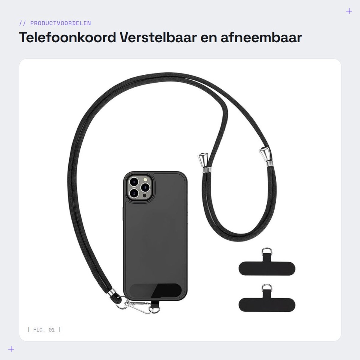 Dailygoods - Telefoonkoord - Verstelbaar en afneembaar - Zwart - Universele patches - Geschikt voor alle smartphones - Ideaal voor onderweg
