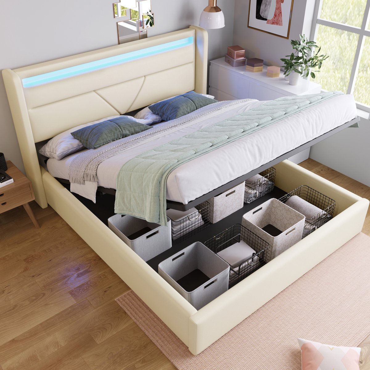 DESMIU Gestoffeerd Bed 140x200 cm – Led-Hoofdbord – Hydraulisch Opklapbaar Met Opbergruimte – Tweepersoonsbed Voor Moderne Slaapkamer – PU – Wit – Zonder Matras
