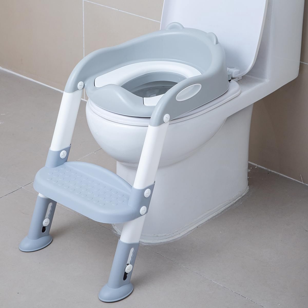 Zindelijkheidstrainer Kinderen - Potty Trainer Stoel - Zelfstandig Toiletgebruik - Inclusief Opstapkruk Ladder - Verstelbare Hoogte - Grijs-Wit