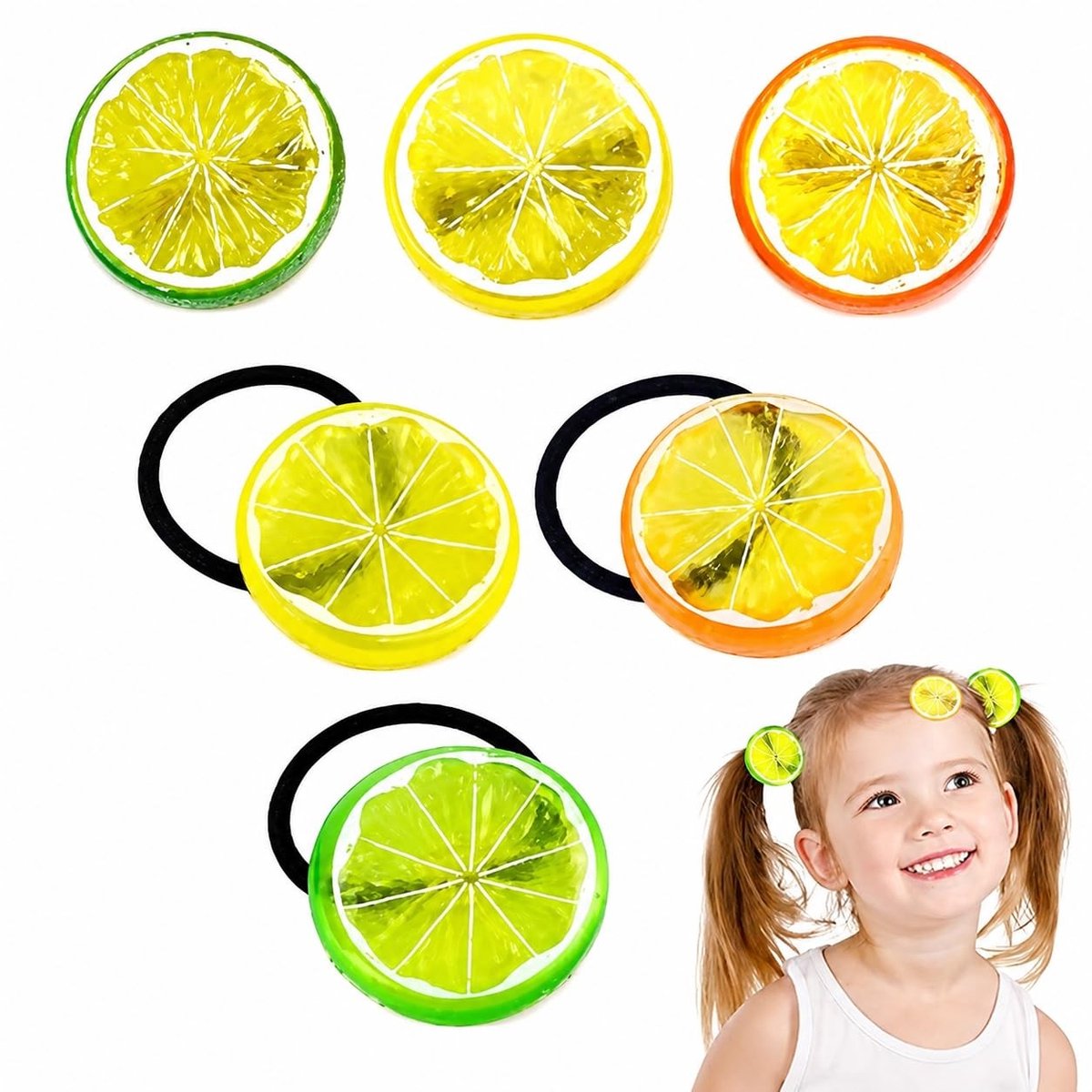 Dailygoods- Haaraccessoires Set - 3 x Haarclips / 3 x Haarelastiekjes - Citroenvormige - Vrolijke Kleuren Geel/Oranje/Groen - Hoogwaardig Acrylmateriaal