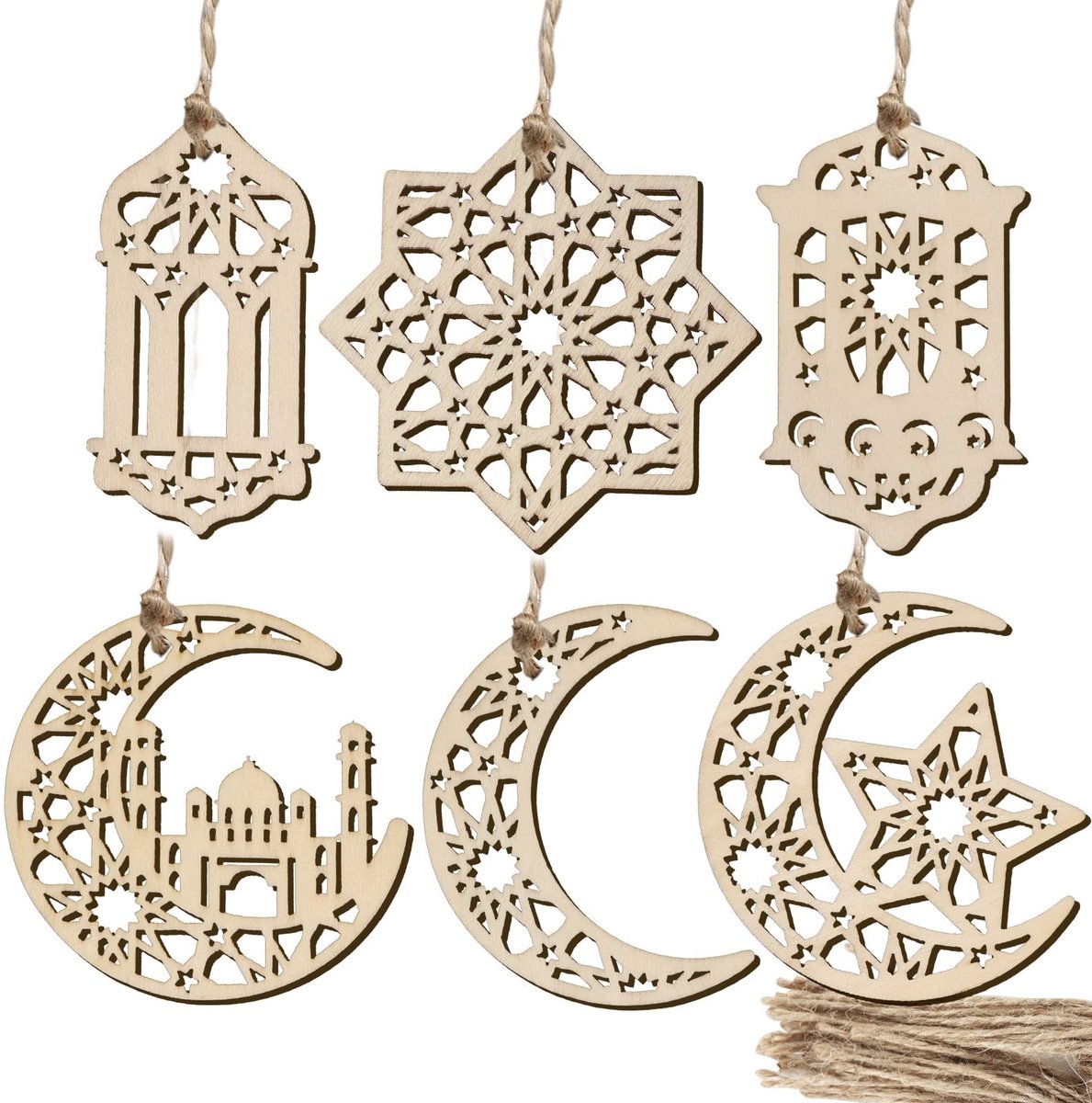 Dailygoods- Decoratie Houten Hangende Hangers - 24 Stuks - Eid Ramadan Decoratie - Lichtgewicht - Veilig Materiaal - 6 Verschillende Ontwerpen - Feestdecoratie