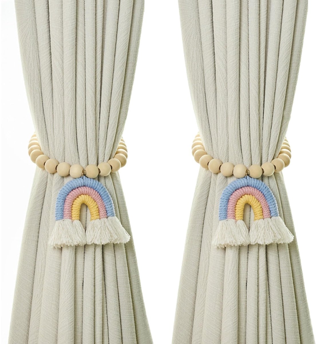 Dailygoods- Embrasses met Regenboogkwasten - Magnetische Embrasses - Gordijn Clips - Decoratief - Natuurlijk Katoen - 2 Stuks - 26 x 2,7 cm - Gordijnclips