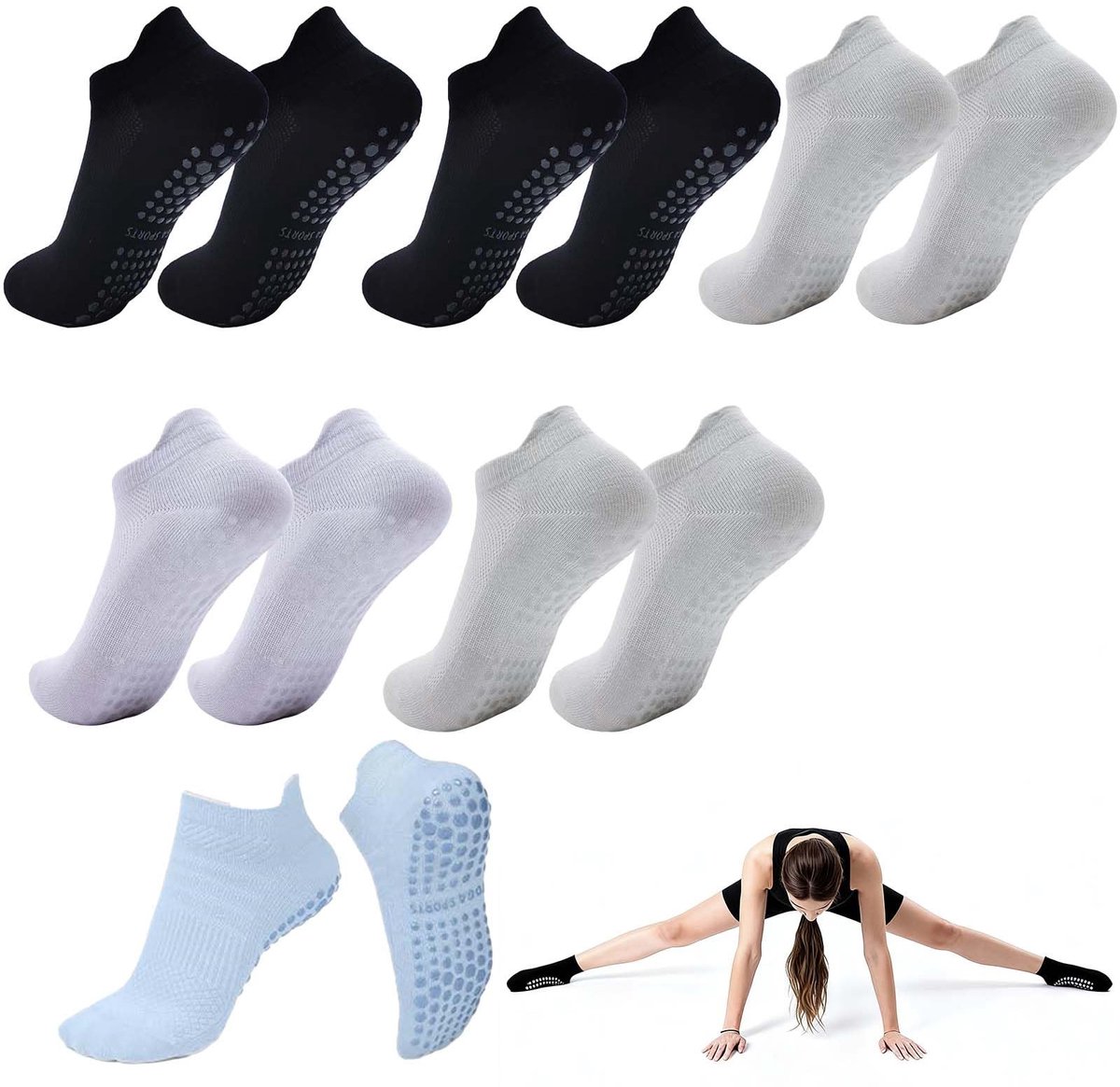 Dailygoods- Yogasokken Antislip Dames - 6 Paar Set - Ademend - Duurzaam - Comfortabel - Geschikt voor Yoga/Pilates - Stoppersokken