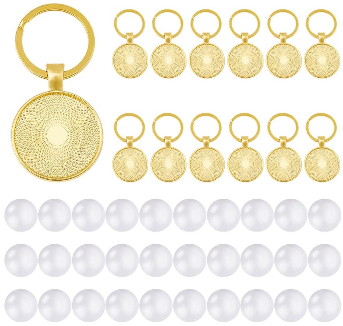 Dailygoods- Sleutelhangers DIY Set - 15 Stuks - Dubbelzijdige Hangers - Ronde Legering - Glazen Cabochons - 56 mm Lang - Sleutelhanger Set
