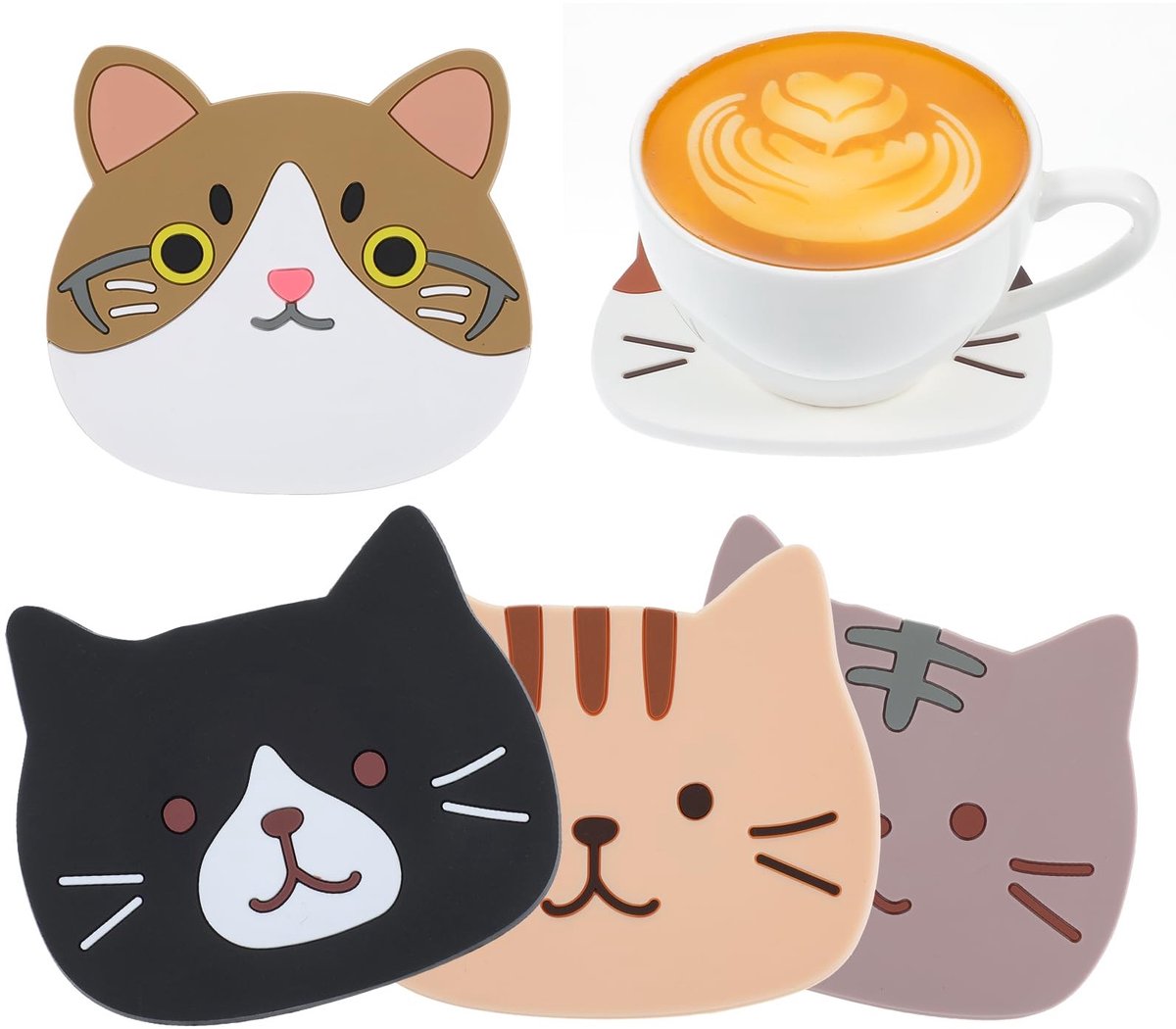 Dailygoods- Onderzetters Antislip - Siliconen Onderzetters - Hittebestendige Onderzetters - Onderzetters voor Glazen - Decoratieve Onderzetters - 4 Stuks met Kattengezichten - Coaster