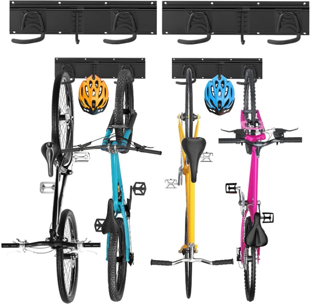 Dailygoods- Fietsopslag Rack - Wandmontage - 4 Fietshaken - 2 Helm Haken - Carbon Staal - Draagvermogen 150kg - Fietsenrek