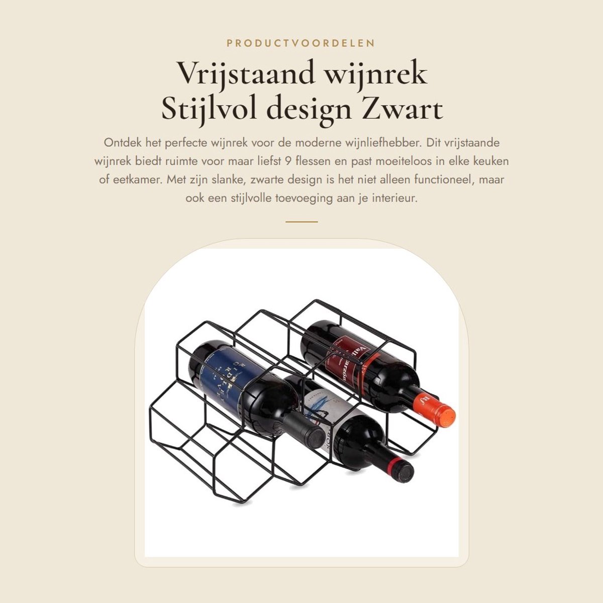 Dailygoods- Wijnrek Vrijstaand - Wijnrek Metaal - Wijnfleshouder - Zwart - Voor 9 Flessen - Licht Design - Wijnhouder
