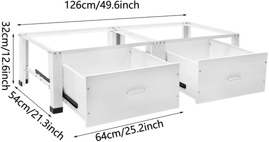 Witte metalen wasmachineverhoger met twee open lades. Afmetingen: 126cm breed, 54cm hoog, 32cm diep. Lades zijn 64cm breed.
