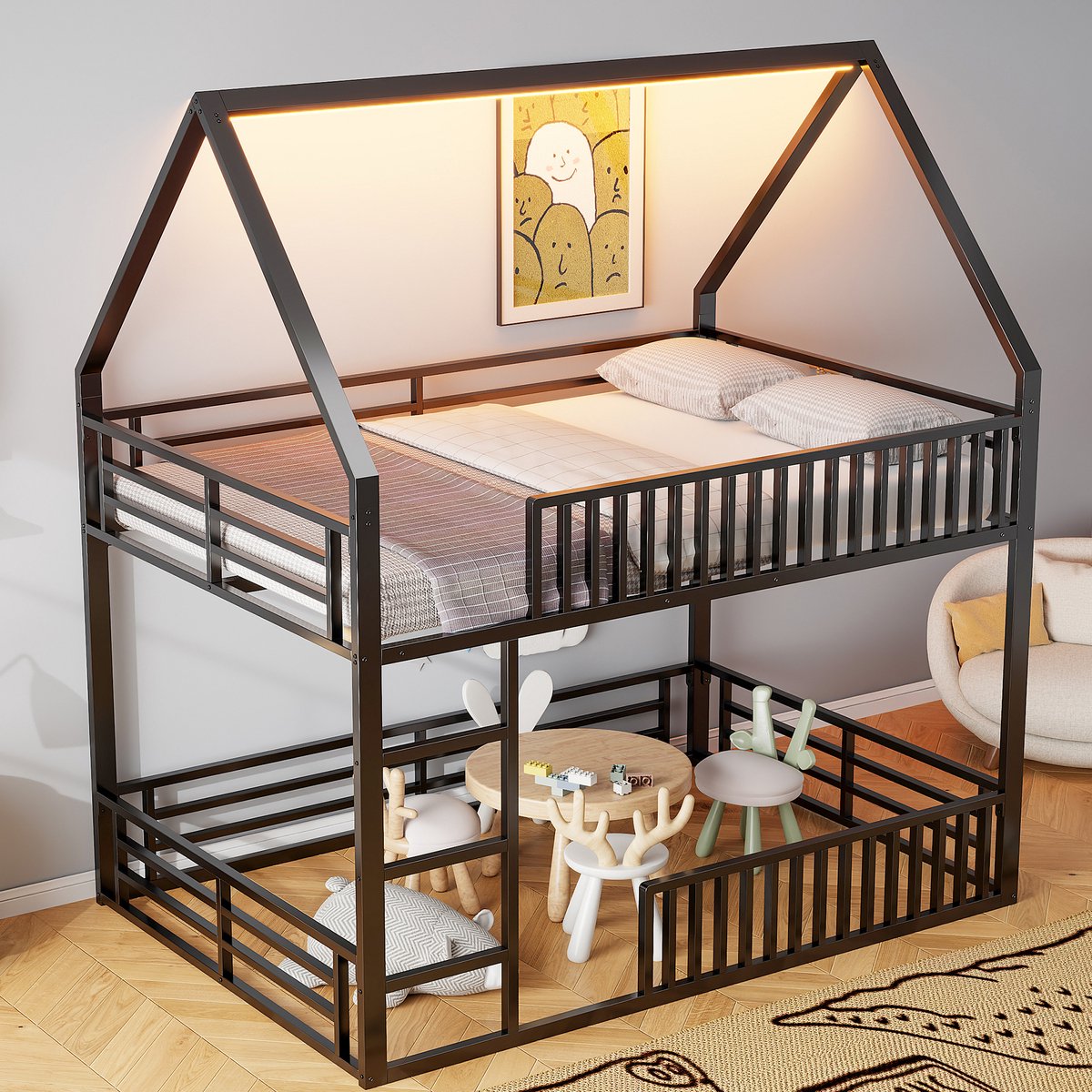 DESMIU Huisstapelbed 140x200 cm – Stalen Kinderbed met 7-Kleuren Ledverlichting – Speelruimte Onderbed – Jeugdkamer – Zwart – Zonder Matras