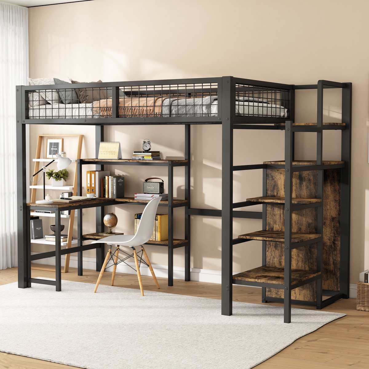DESMIU Hoogslaper 90x200cm - Slaap- En Werkplek Met Bureau, Planken En Kast - Multifunctioneel - MDF En Metaal - Zwart Bruin - Zonder Matras