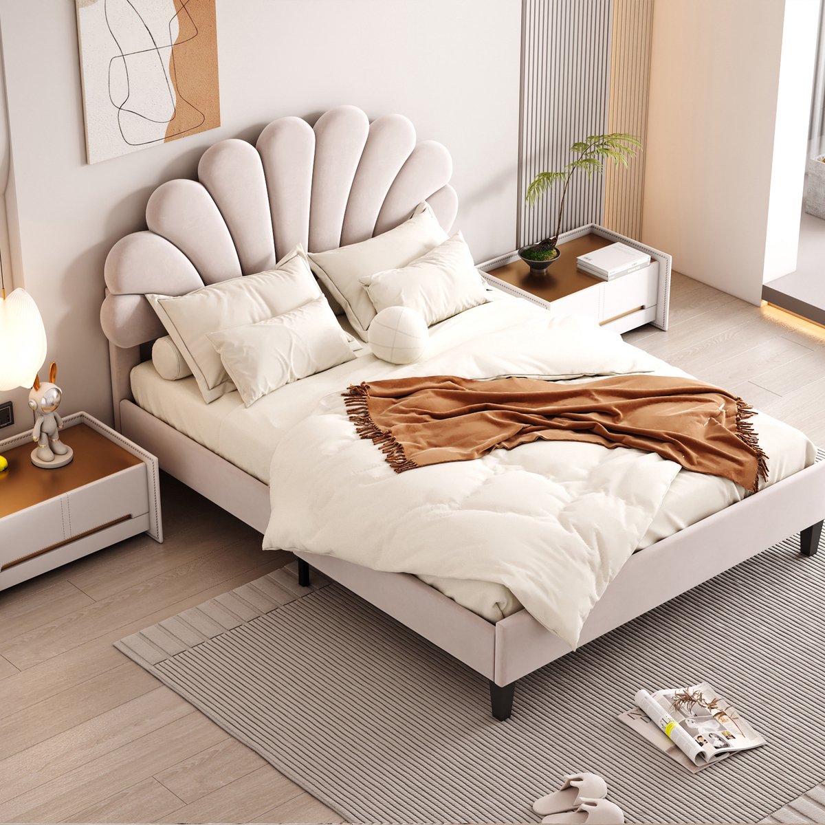 DESMIU Gestoffeerd Bed 140 x 200 cm Met Bloemenvormig Hoofdbord En Lattenbodem Voor Slaapkamer En Jeugdkamer In Zacht Fluweel Beige Zonder Matras