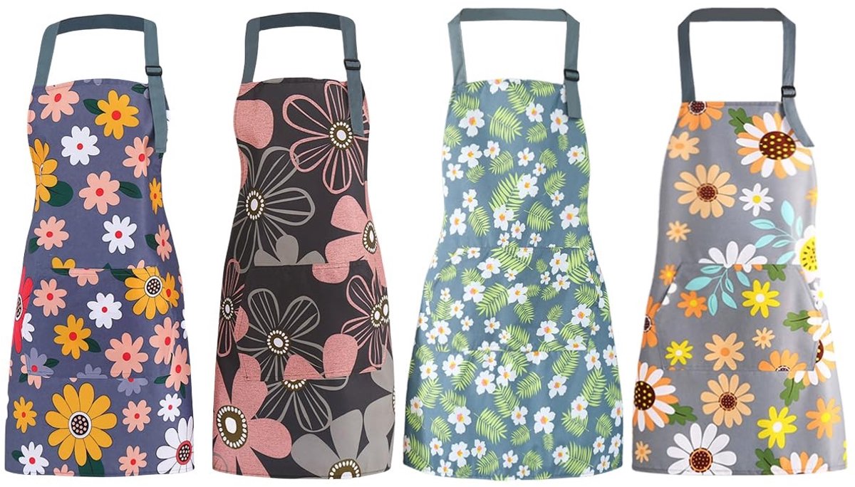 Dailygoods- Bloemenschorten 4 stuks - Waterdicht - Olieafstotend - Verstelbaar - Met zakken - Hoogwaardig katoenen linnen - Keukenschort