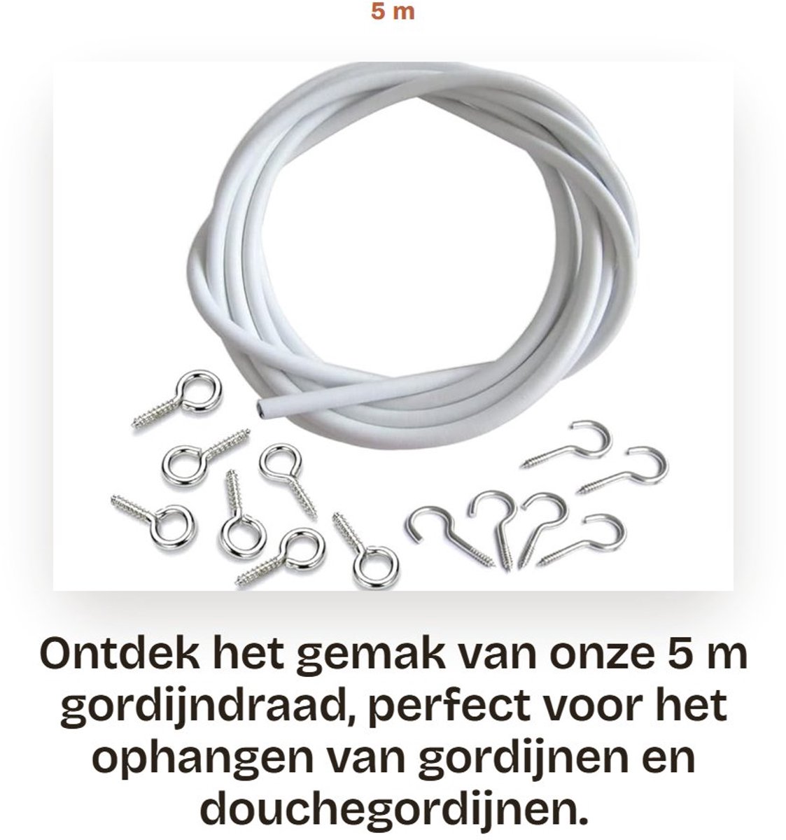 Dailygoods- Gordijndraad 5 m - Gordijntouwset - Kunststof gecoat - Ooghaken 6 stuks - Open haken 6 stuks - Stevig en duurzaam - Gordijntouw