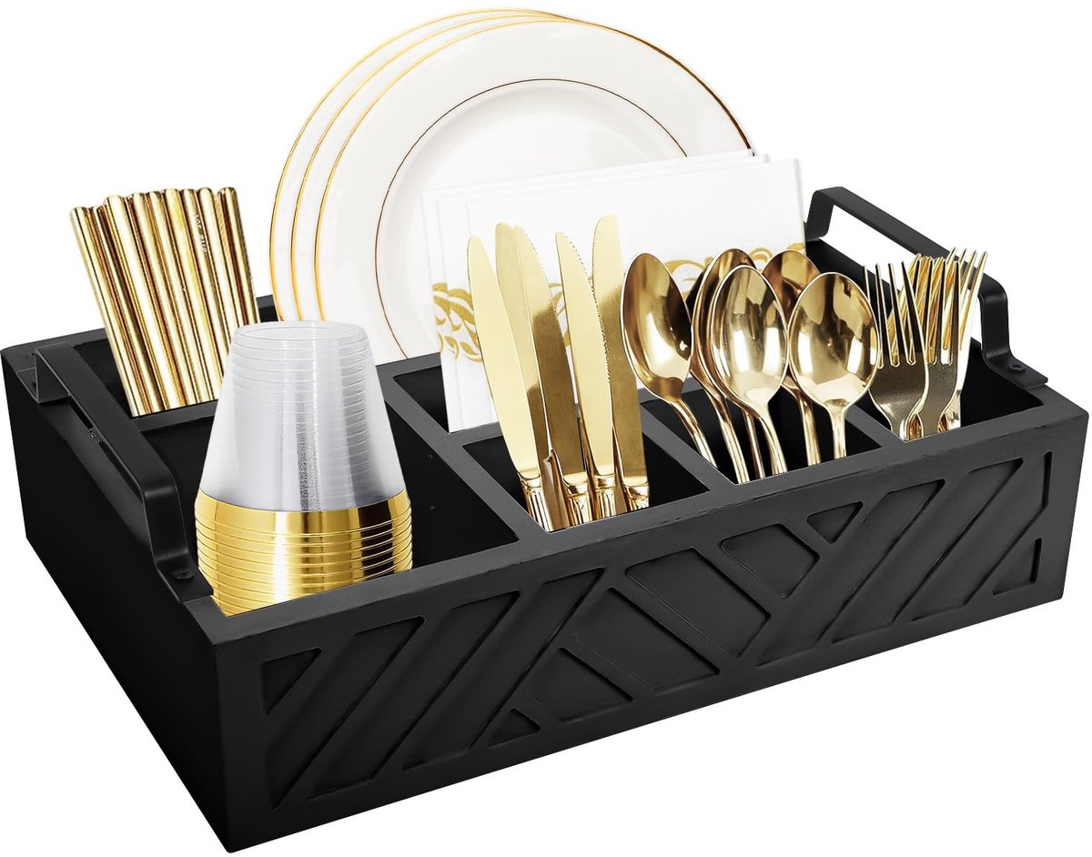 Dailygoods- Bestekhouder Houten - 6 Vakken - Keukengerei Organizer - Draagbaar - Elegant - Afmetingen 29,7 x 20,1 x 9,5 cm - Keukenorganizer