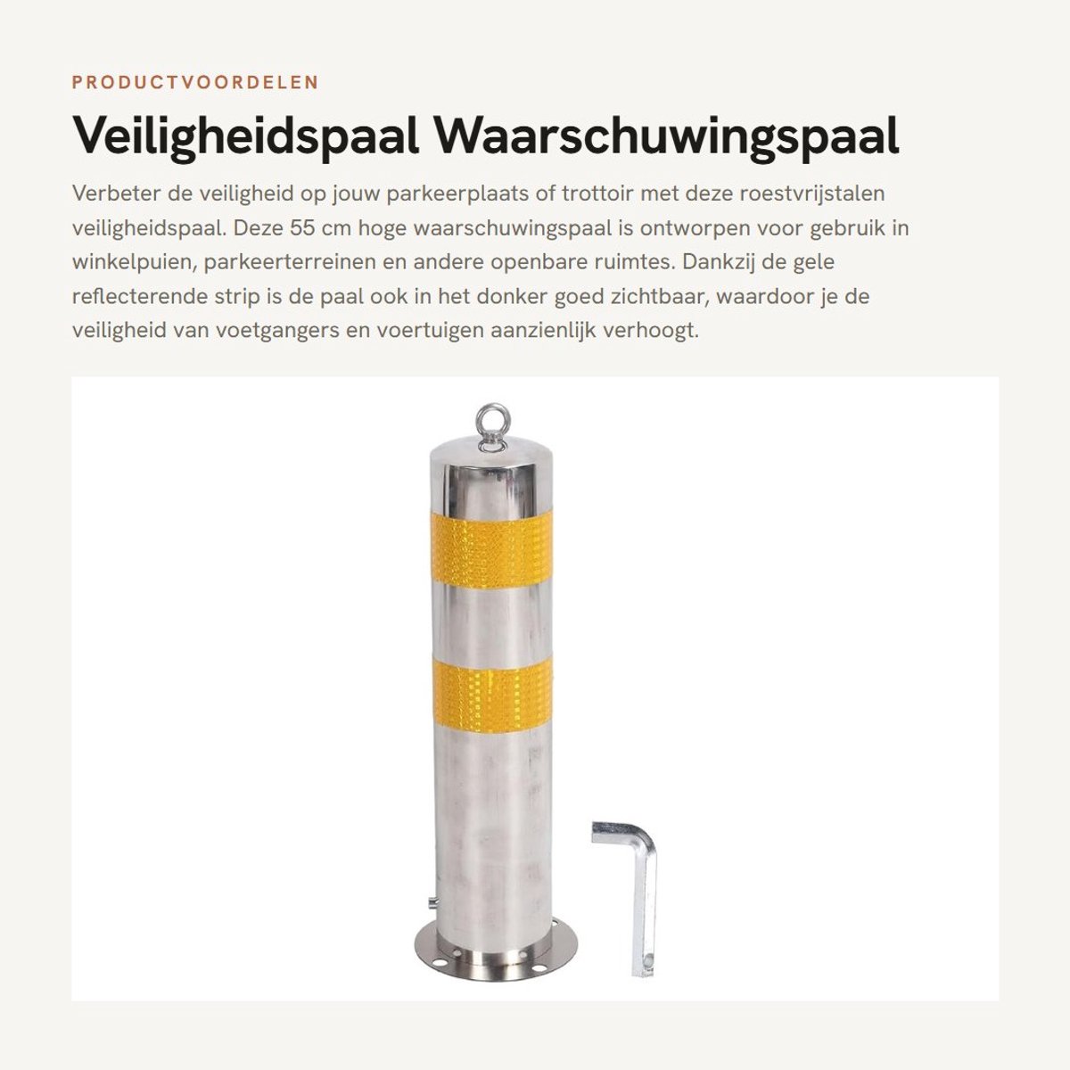 Dailygoods- Veiligheidspaal Roestvrij Staal 55cm - Waarschuwingspaal - Bolderpaal - Parkeerstapelbarrière - Gele Reflecterende Strip - Schokbestendig en Weerbestendig - Verkeerspaal