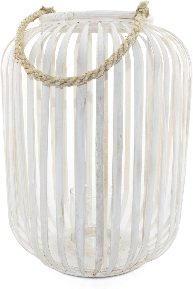 Houten Lantaarn - Windlicht Decoratie - Sfeer Creëren - Handgemaakt Natuurlijk Materiaal - 42 cm Hoog - Wit