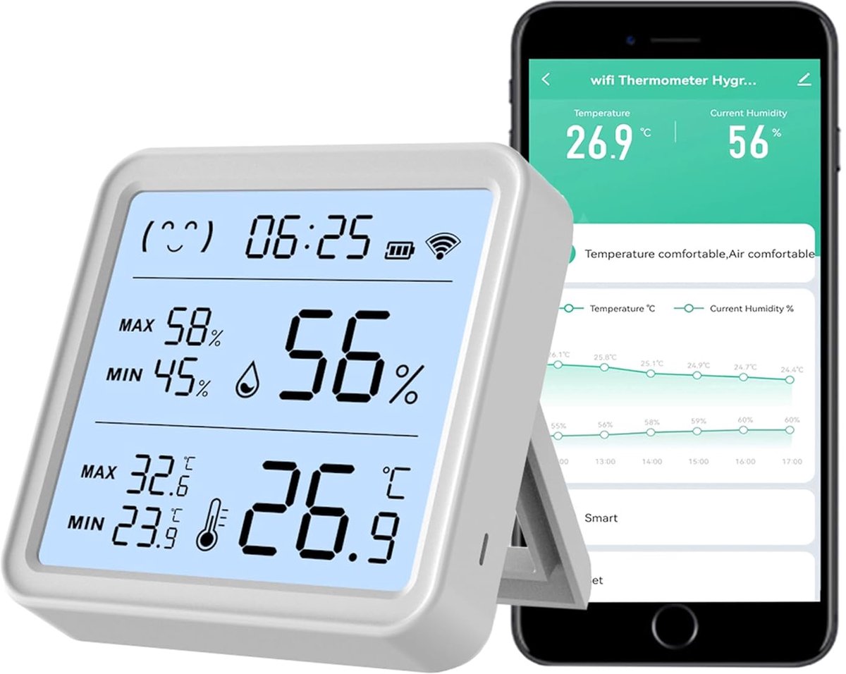 Slimme Temperatuur Vochtigheid Sensor - Draadloze Monitor - Huis Klimaat Bewaken - App Bediening Tijdweergave