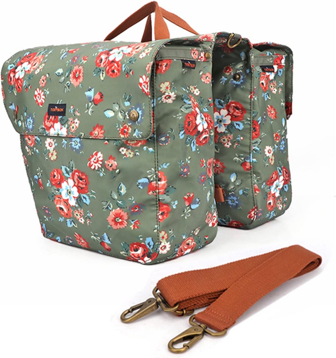 Fiets Dubbele Tas - Bagagedrager Tas - Boodschappen Vervoeren - Waterproof Canvas Materiaal - 33x12.5x30cm - Groen Bloemenpatroon