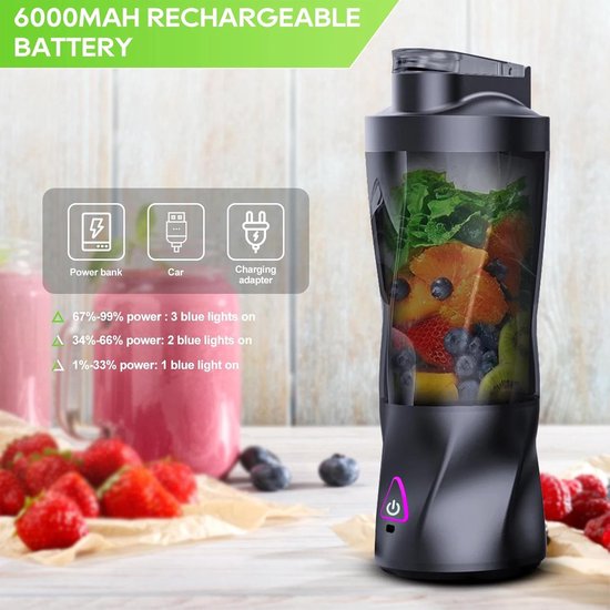 Draagbare blender: 360W krachtige motor, 6000mAh duurzame accu, 685 ml (23 oz) reisblender met anti-verstoppingsmes, BPA-vrij voor shakes en ijs crushen, vers fruitsap/smoothies, thuisgebruik 【Zwart】 — afbeelding 4
