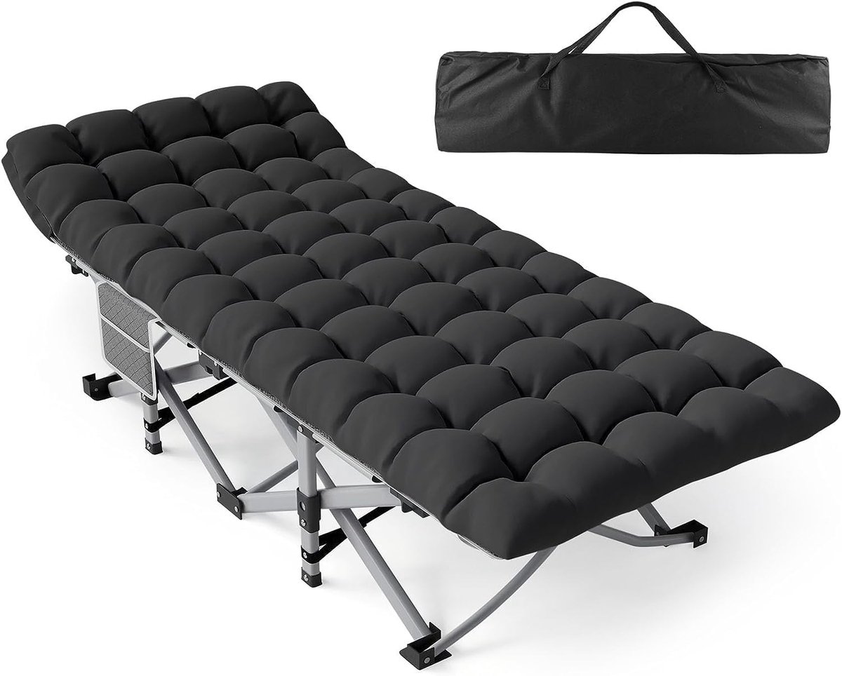 Campingbed Volwassenen - Opvouwbaar Bed - Buiten Ontspannen - 10cm Dikke Matras - 185 cm Lang - Zwart