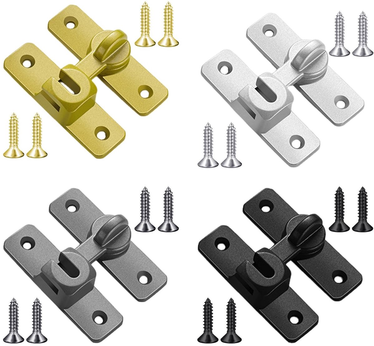 Dailygoods- Schuifdeursloten 4 Sets - Regelbare Deurbouten 90/180° - Antiroest Aluminiumlegering - Punch-Vrij Ontwerp - Geschikt Voor Tuinen/Baden/Garages - 7.5 x 5.8 Cm