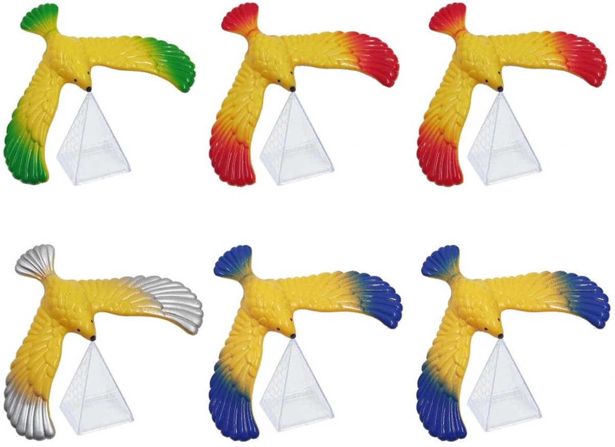 Dailygoods- Balancerende Vogel - Magische Decoratie - Piramidestandaard - Set van 6 - Coördinatievermogen - Duurzaam Kunststof - 16x13cm