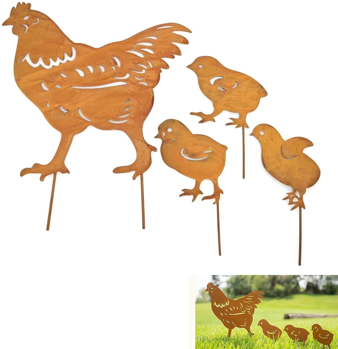 Dailygoods- Tuindecoratie Roestige Kippenfamilie - Tuinbeelden - Tuindecoratie Buiten - Muurdecoratie Buiten - Charmante Decoratie - Weerbestendig Metalen Decoratie - Tuinsteker