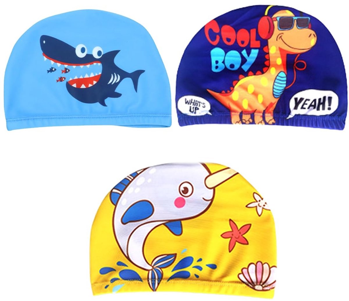 Dailygoods- Badmutsen Set van 3 - Waterdichte Siliconen - Douchemutsen voor Kinderen - Elastische Polyester - Cartoon Dierpatronen - Comfortabel en Zacht - Zwemmuts