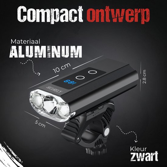 Zwart aluminium fietslicht van 10x2.8cm met een 5cm brede houder. Digitaal display toont '881'.