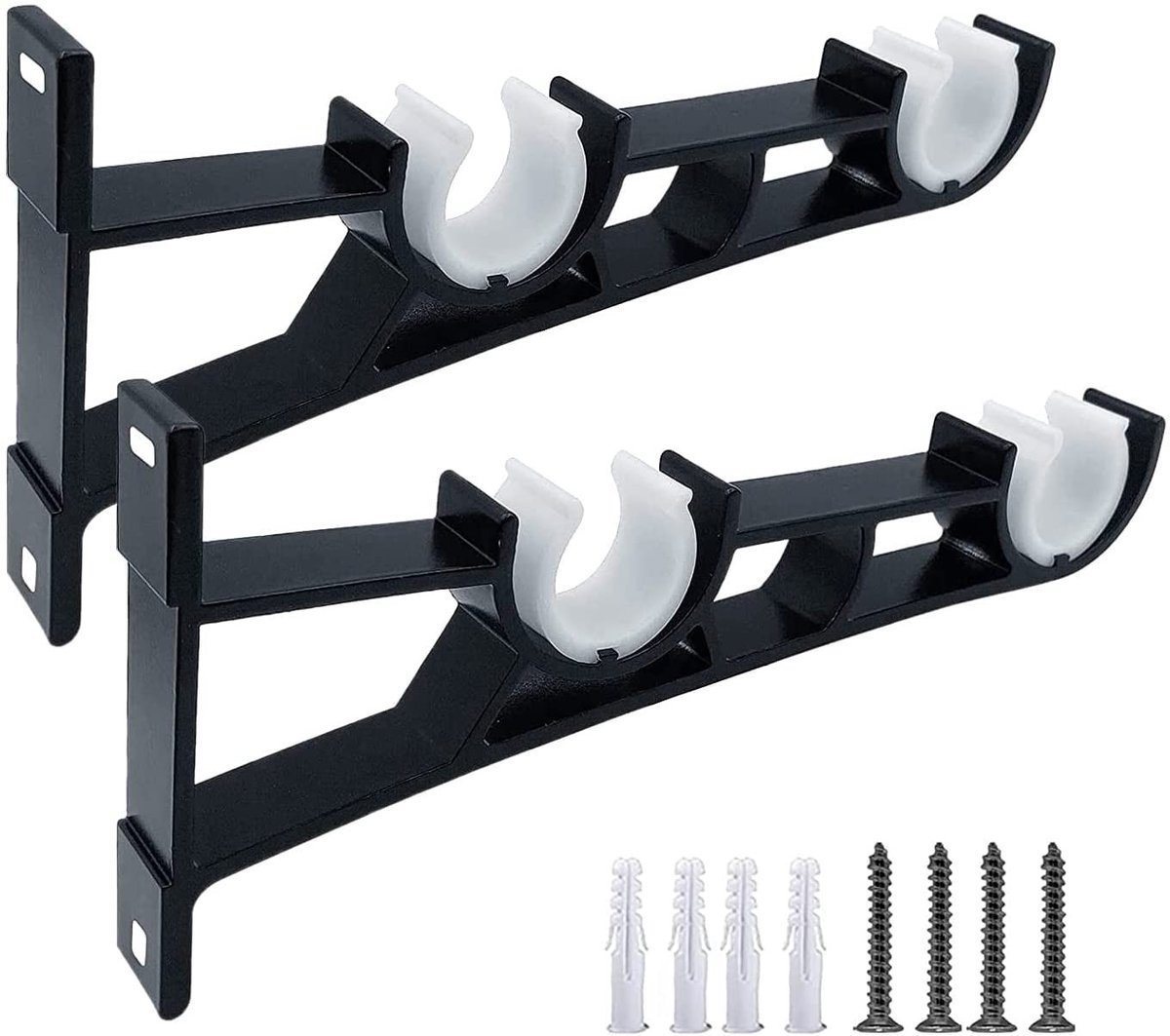 Dailygoods- Gordijnsteun Set van 2 - Dubbele Beugel - Versterkt Aluminium - Geschikt voor Stangen 28mm/32mm - Inclusief Montagebeugels - 21 cm Uitsteeklengte - Gordijnbeugel