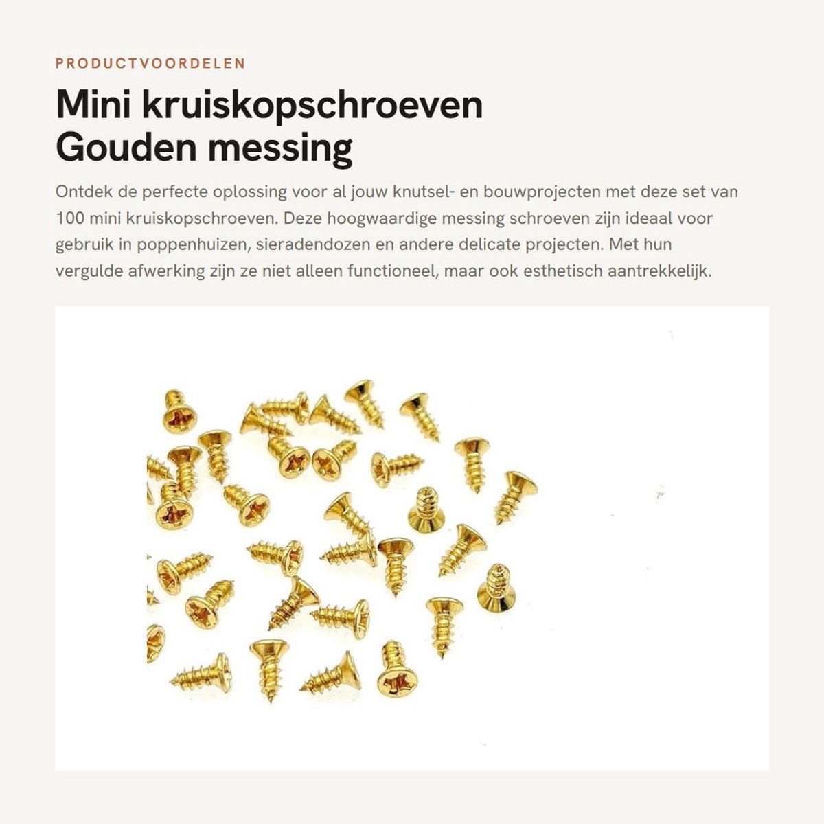 Dailygoods- Schroeven 100 stuks - M2x5 mm - Messing/verguld - Kruiskop/platte kop - Zelftappend - Roestbestendig - Mini Schroeven